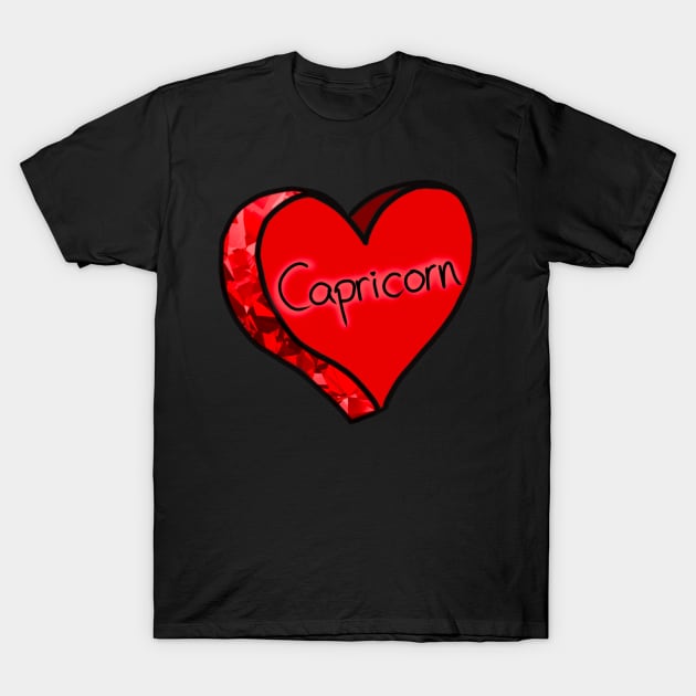 Capricorn Red Ruby Star Sign Love Heart T-Shirt by ROLLIE MC SCROLLIE